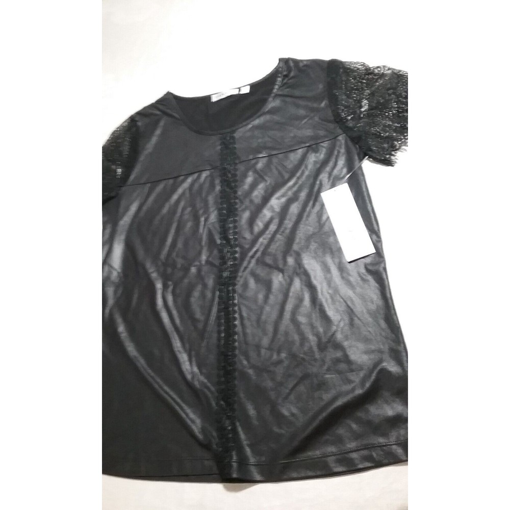 Womens Hannah Leather Look Black Top With Short Lace Sleeves Size M NWT